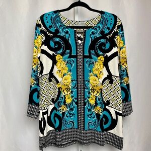 JM Collection Womenʻs Tea| | Black | Yellow Liquid Knit Tunic Top PXL